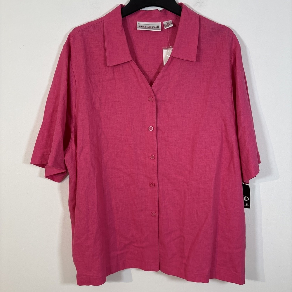 Anna Maxwell 30W Bright Pink Button Down Shirt Linen Rayon Resort Summer Gauzy